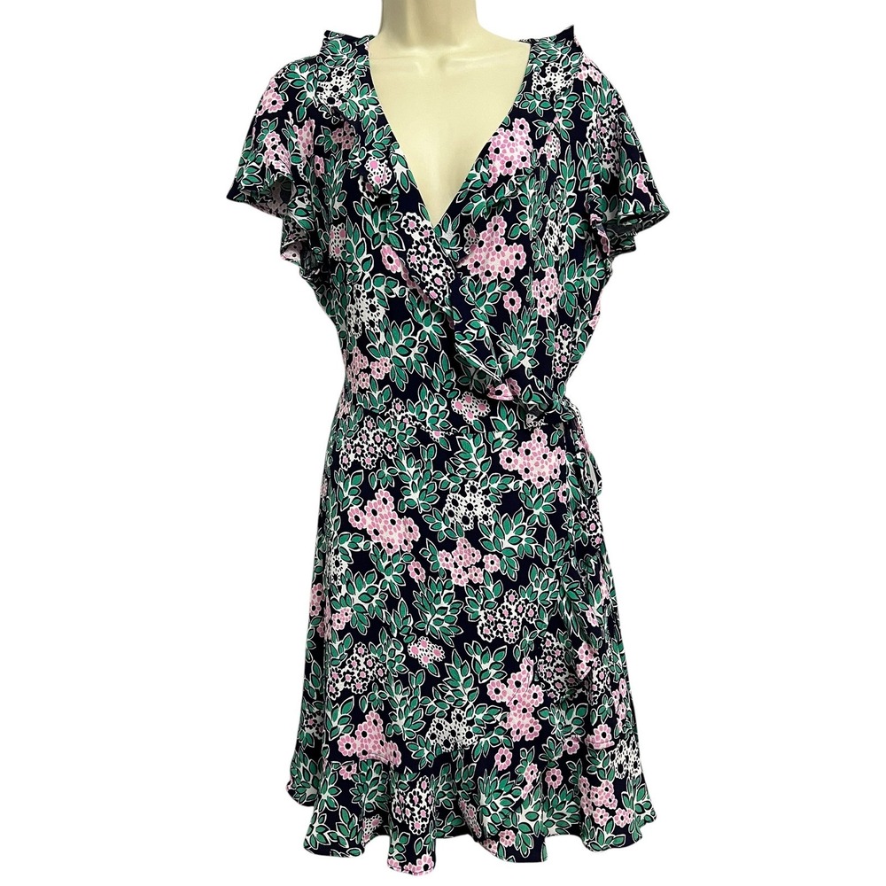 Draper James Navy Pink Floral Ruffle Wrap Dress Womens Size 10 Short Sleeve